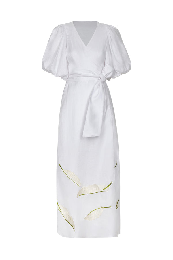 Ermita Linen Embroidered Midi Dress / White